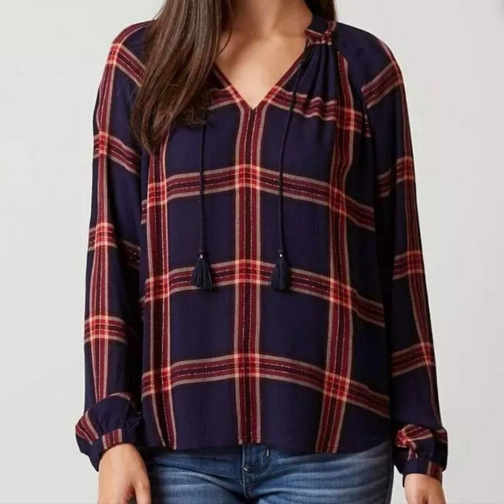 LUCKY BRAND Red Plaid Tassel Peasant Top Boho Preppy Fall Plus Size 1X